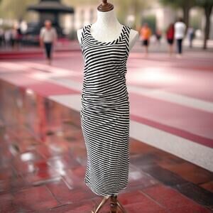 AllSaints striped side ruched midi dress M black white sleeveless cotton/ linen
